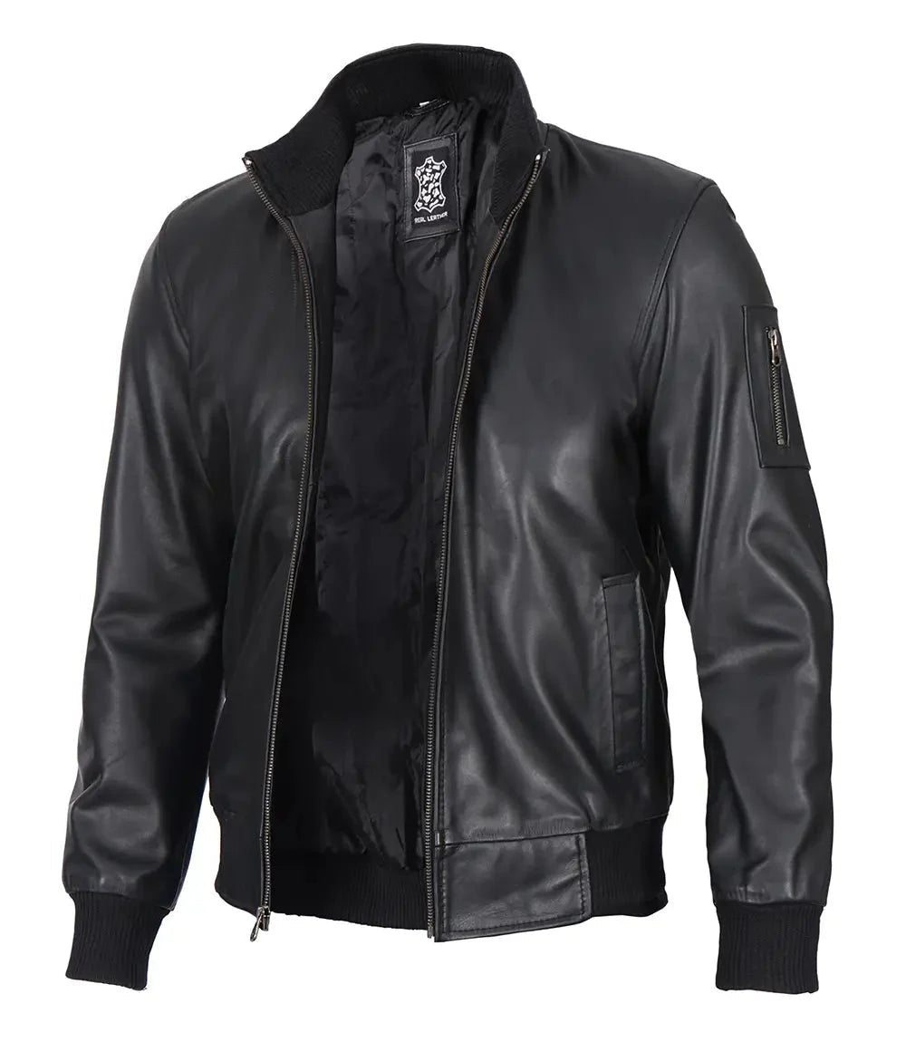 Mens Black Real Cowhide Leather Bomber Jacket - Vox Leather