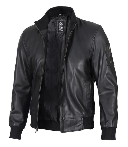 Mens Black Real Cowhide Leather Bomber Jacket - Vox Leather