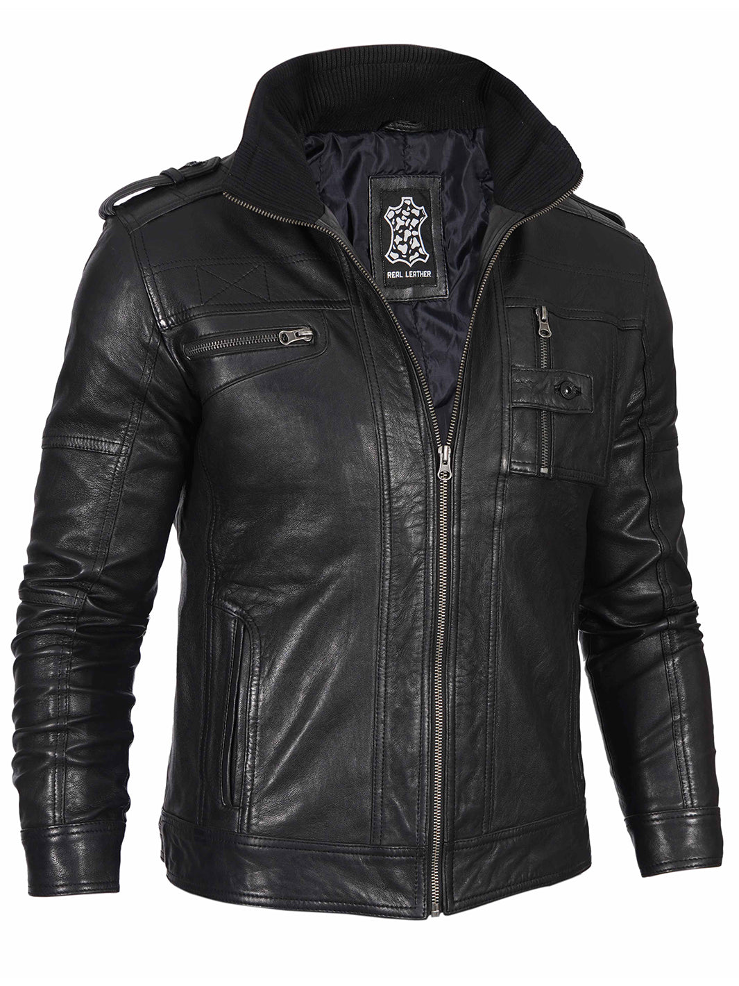 Mens Black Waxed Cafe Racer Leather Jacket - Rare Leather