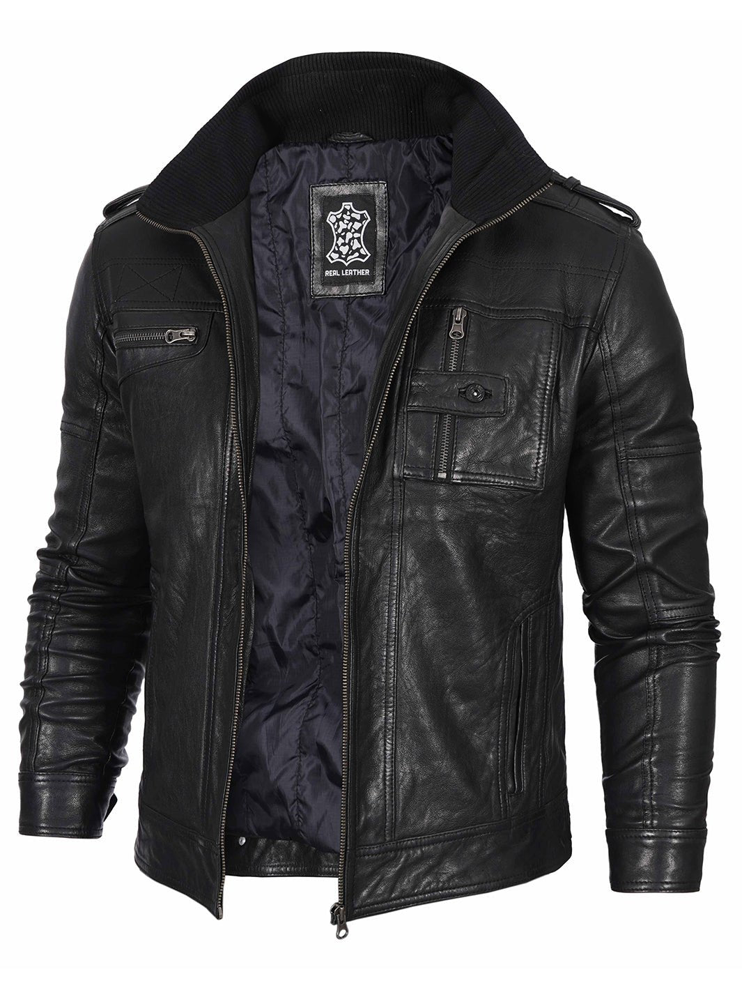 Mens Black Waxed Cafe Racer Leather Jacket - Rare Leather