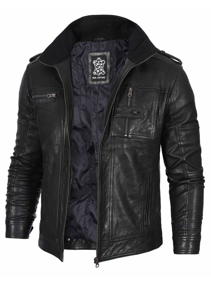 Mens Black Waxed Cafe Racer Leather Jacket - Vox Leather