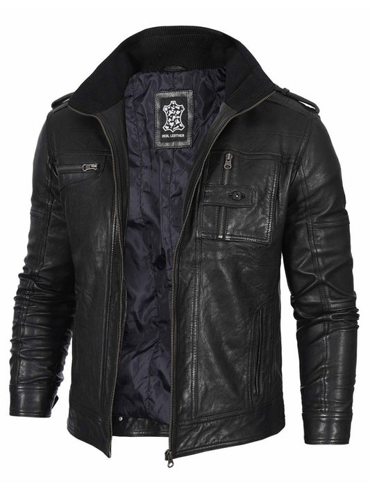Mens Black Waxed Cafe Racer Leather Jacket - Vox Leather