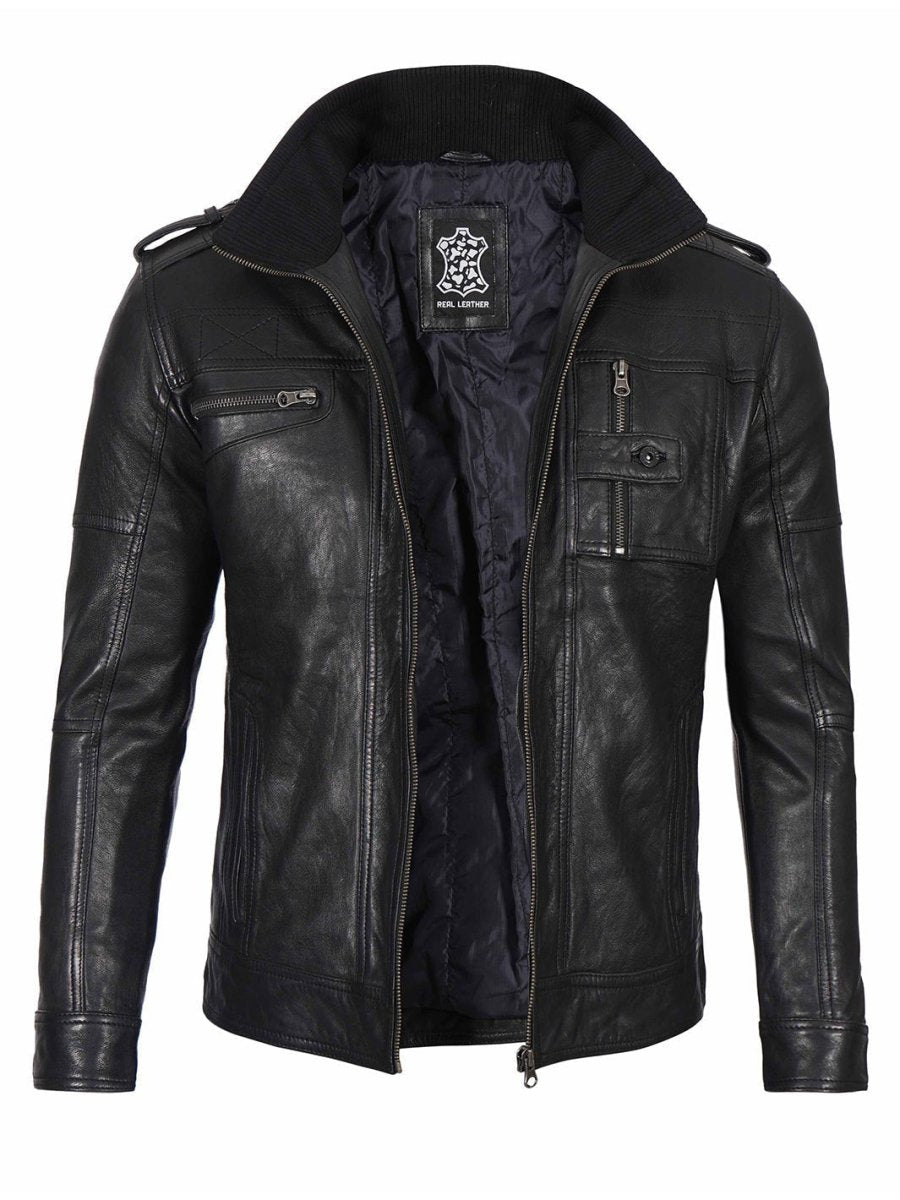 Mens Black Waxed Cafe Racer Leather Jacket - Vox Leather