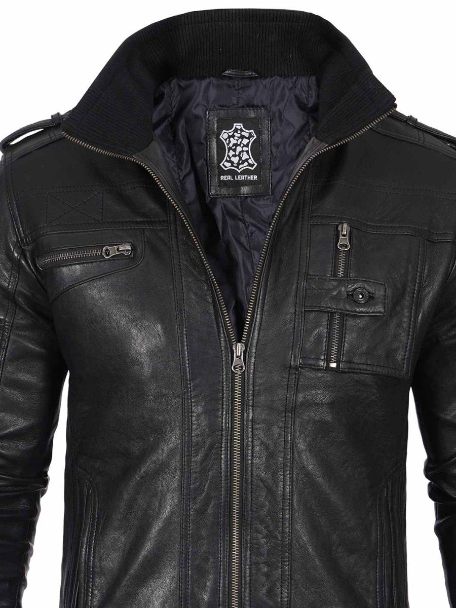 Mens Black Waxed Cafe Racer Leather Jacket - Vox Leather