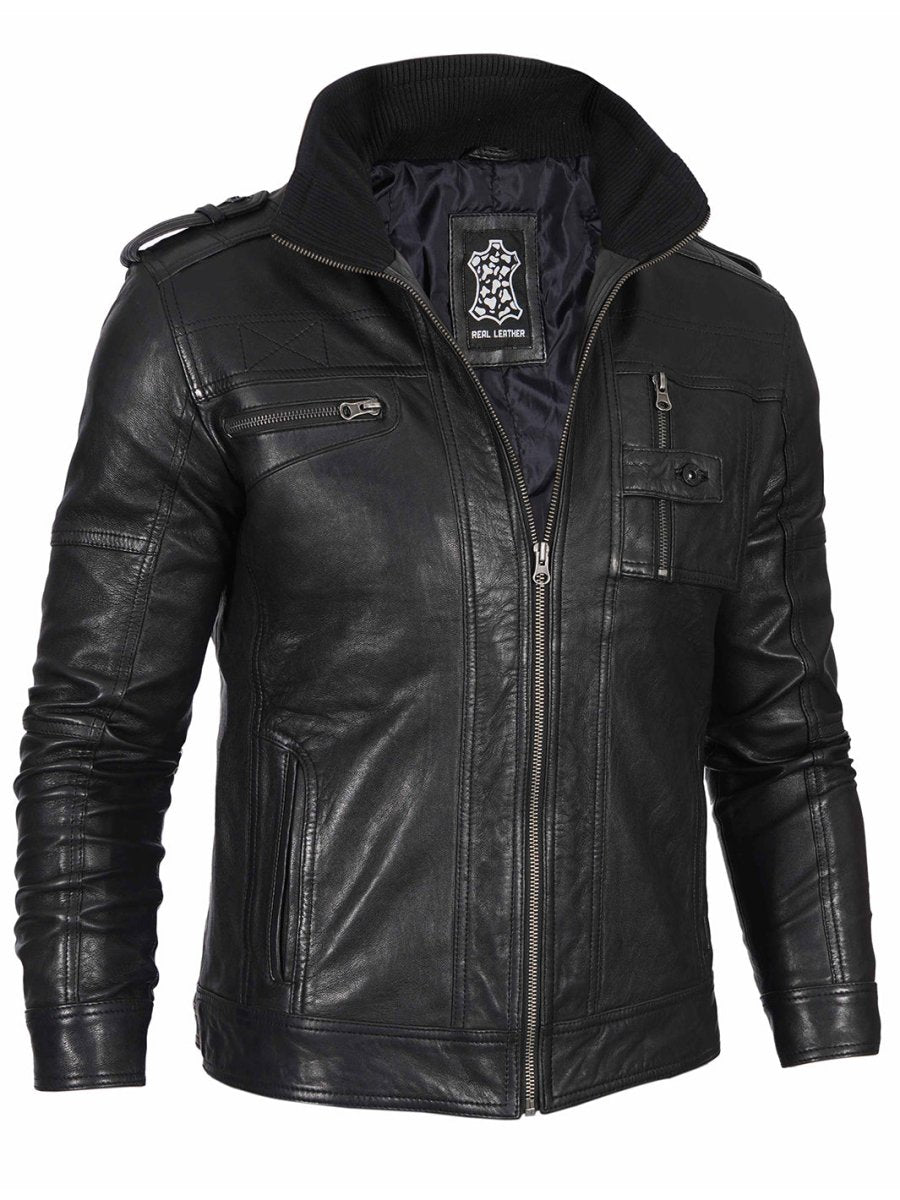 Mens Black Waxed Cafe Racer Leather Jacket - Vox Leather