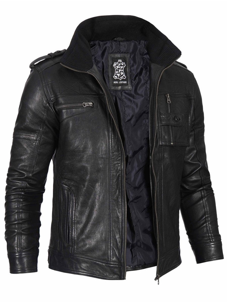 Mens Black Waxed Cafe Racer Leather Jacket - Vox Leather