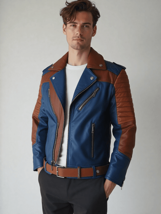 Mens Blue and Brown Leather Jacket - Vox Leather