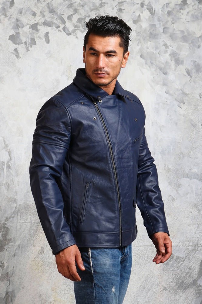 Men's Blue Motorcycle Leather Jacket - Rare Leather