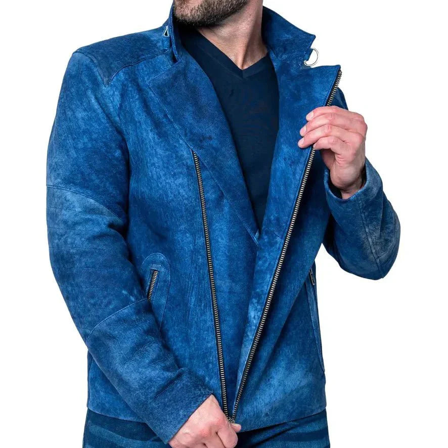 Mens Blue Suede Leather Jacket - Rare Leather