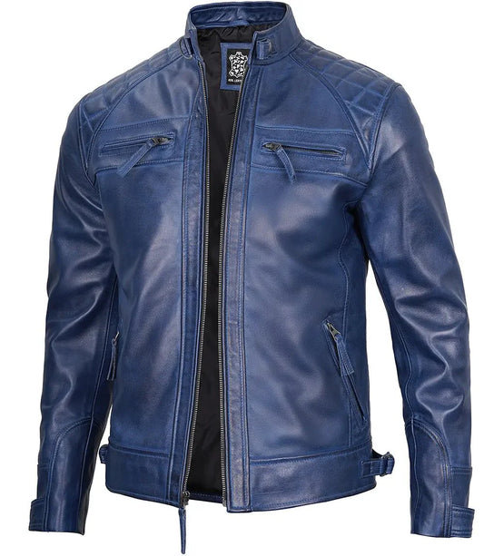 Men's Blue Wax Cafe Racer Leather Jacket - Rare Leather