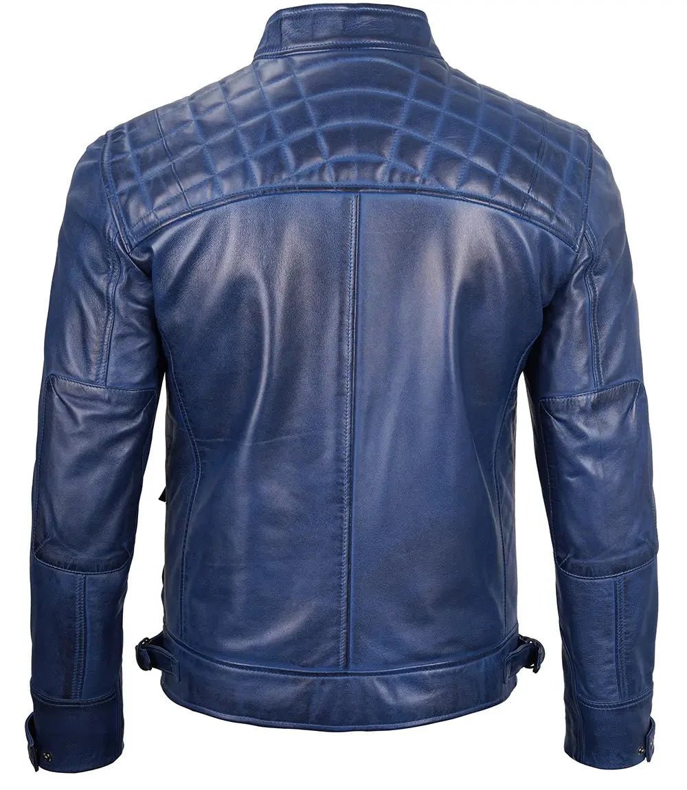 Men's Blue Wax Cafe Racer Leather Jacket - Vox Leather