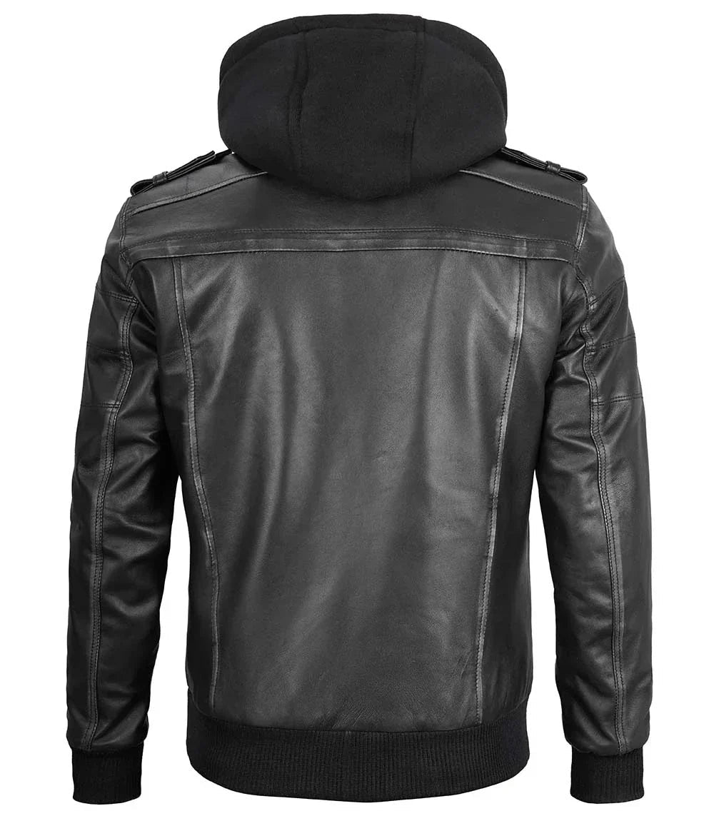 Men's Bomber Dark Grey Leather Jacket with Removable Hood - Vox Leather