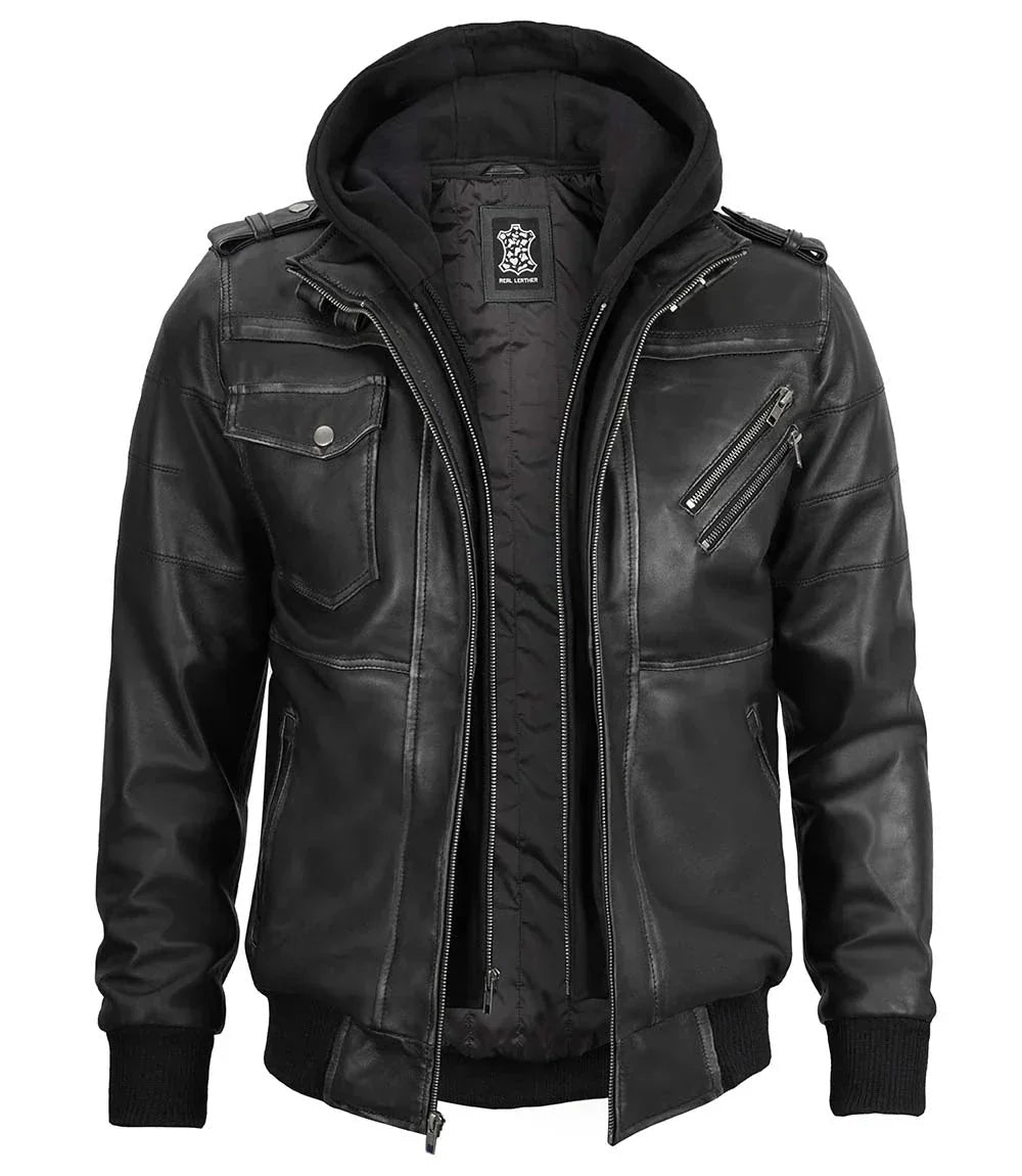 Men's Bomber Dark Grey Leather Jacket with Removable Hood - Vox Leather