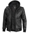 Men's Bomber Dark Grey Leather Jacket with Removable Hood - Vox Leather