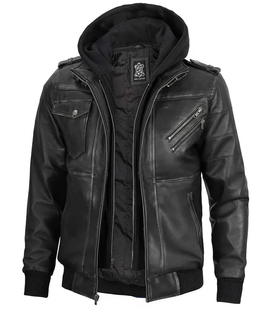 Men's Bomber Dark Grey Leather Jacket with Removable Hood - Vox Leather