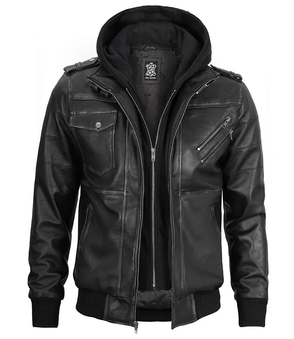 Men's Bomber Dark Grey Leather Jacket with Removable Hood - Vox Leather