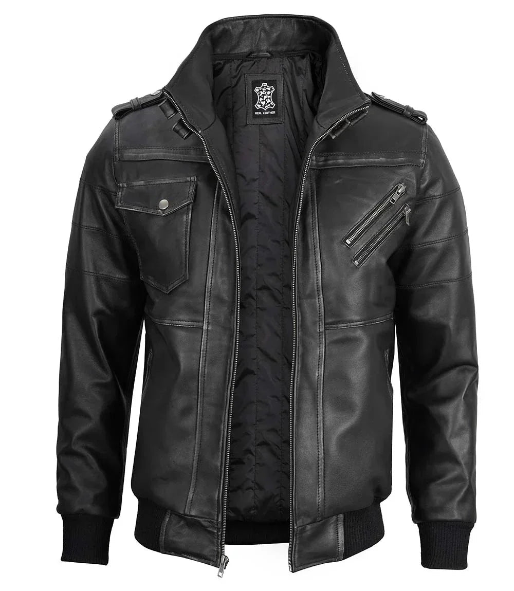 Men's Bomber Dark Grey Leather Jacket with Removable Hood - Vox Leather