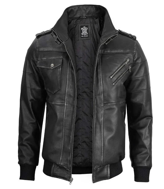 Men's Bomber Dark Grey Leather Jacket with Removable Hood - Vox Leather