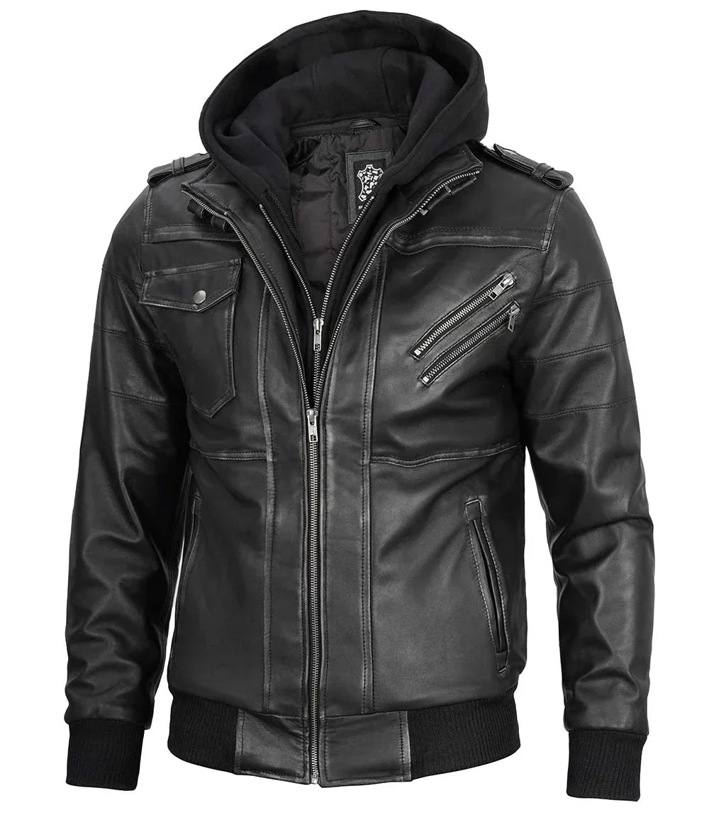 Men's Bomber Dark Grey Leather Jacket with Removable Hood - Vox Leather