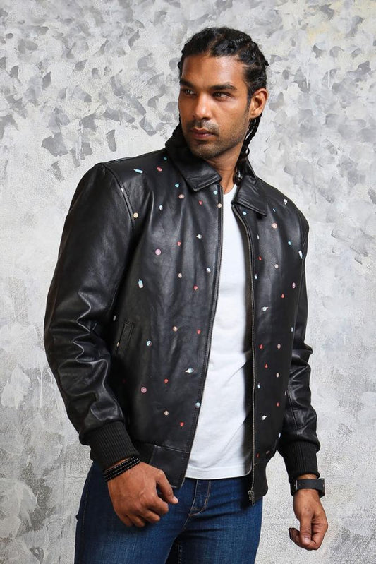 Men's Bomber Leather Jacket in Black "Good Times" - Vox Leather