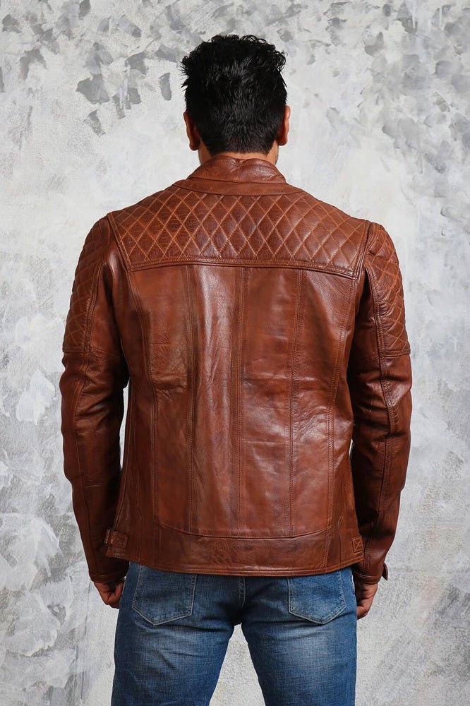 Men's Brown Biker Leather Jacket Quilted - Rare Leather