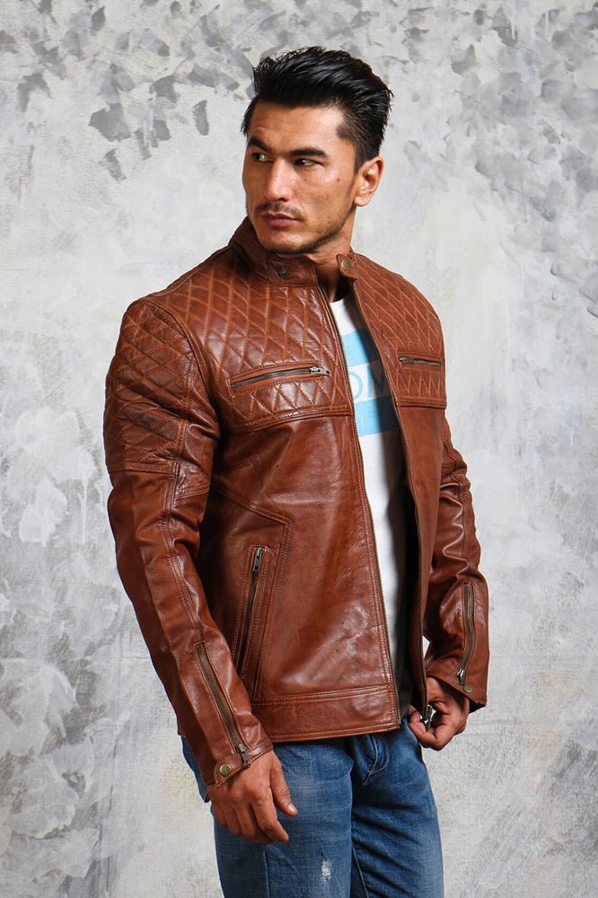 Men's Brown Biker Leather Jacket Quilted - Rare Leather
