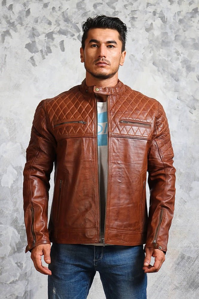 Men's Brown Biker Leather Jacket Quilted - Rare Leather