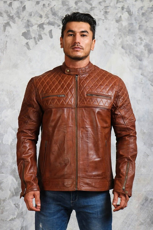 Men's Brown Biker Leather Jacket Quilted - Vox Leather