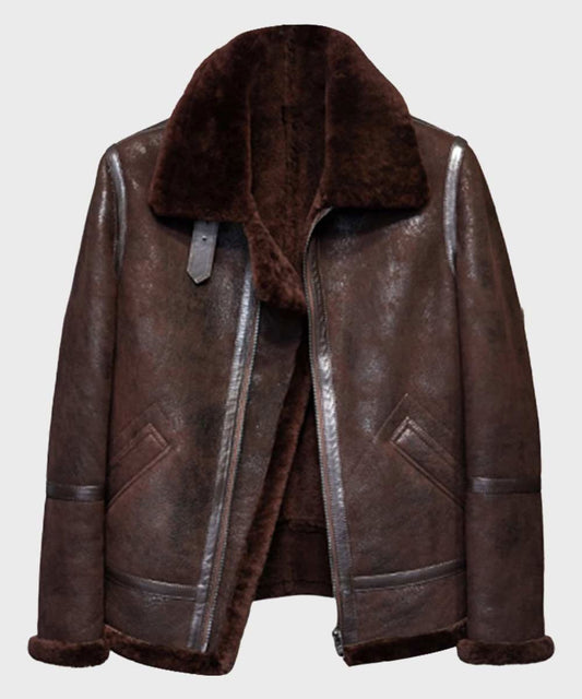 Men’s Brown Distressed B3 Shearling Leather Jacket - Vox Leather