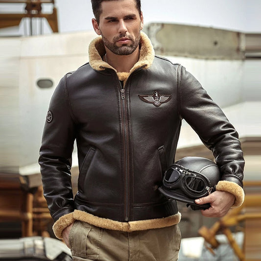 Men's Brown RAF Aviator Airforce Sheepskin Shearling Leather Jacket - Vox Leather