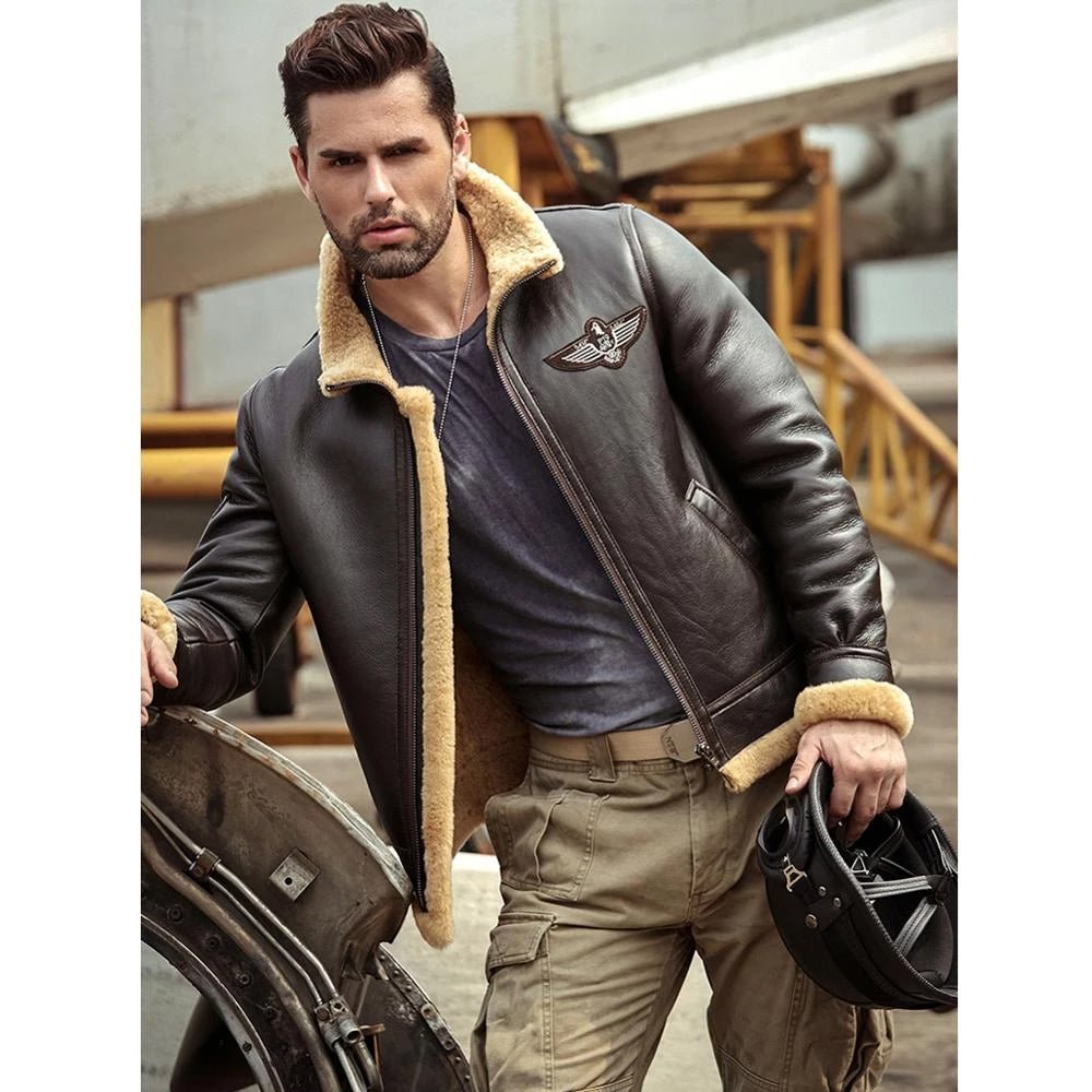 Men's Brown RAF Aviator Airforce Sheepskin Shearling Leather Jacket - Vox Leather