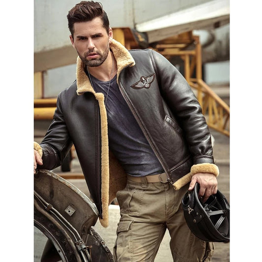 Men's Brown RAF Aviator Airforce Sheepskin Shearling Leather Jacket - Vox Leather