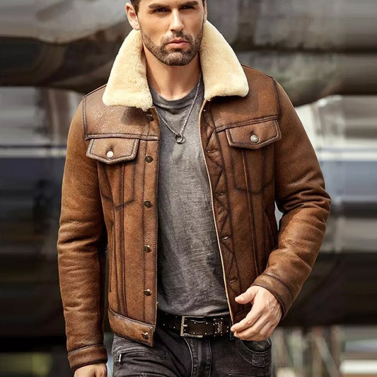 Mens Brown RAF B3 Sheepskin Trucker Shearling Leather Jacket - Vox Leather