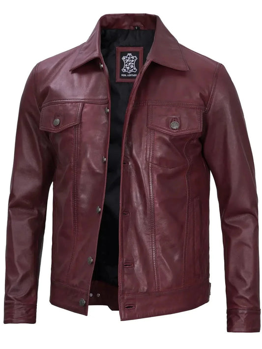 Men's Burgundy Real Leather Trucker Jacket - Vox Leather
