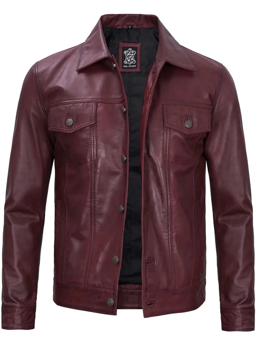 Men's Burgundy Real Leather Trucker Jacket - Vox Leather