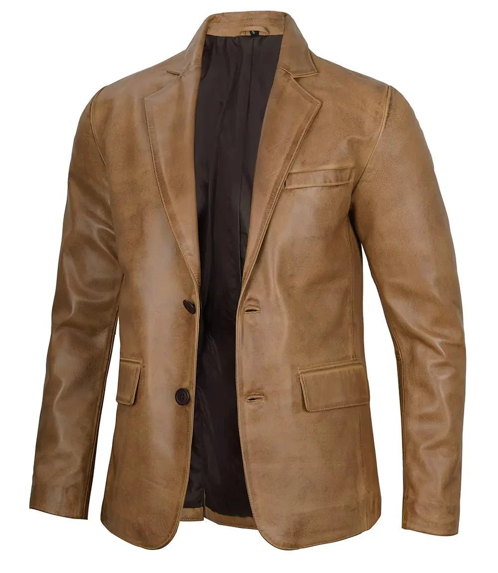 Mens Camel Brown Leather Blazer Jacket - Vox Leather