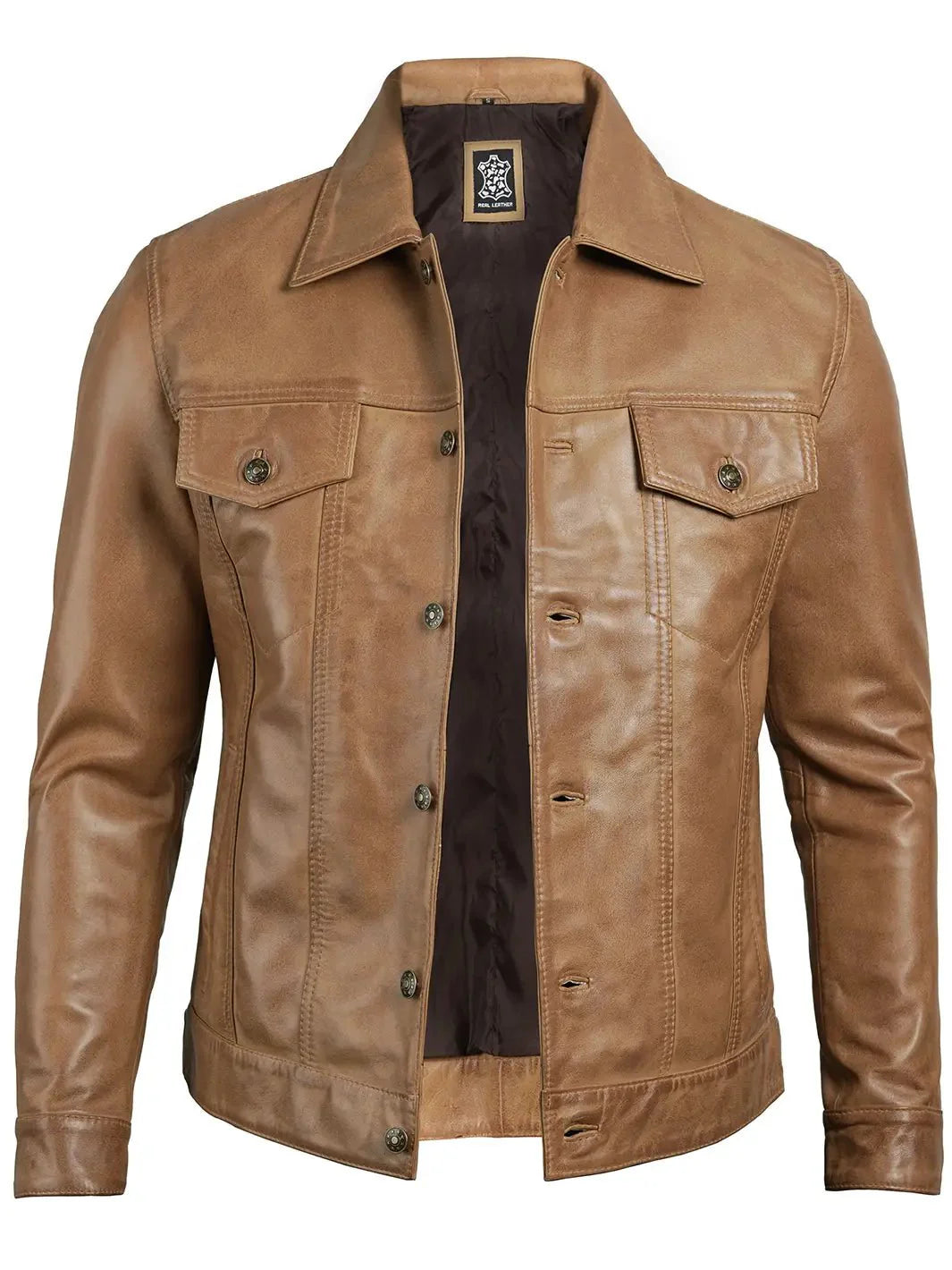 Men's Camel Brown Leather Trucker Jacket - Rare Leather