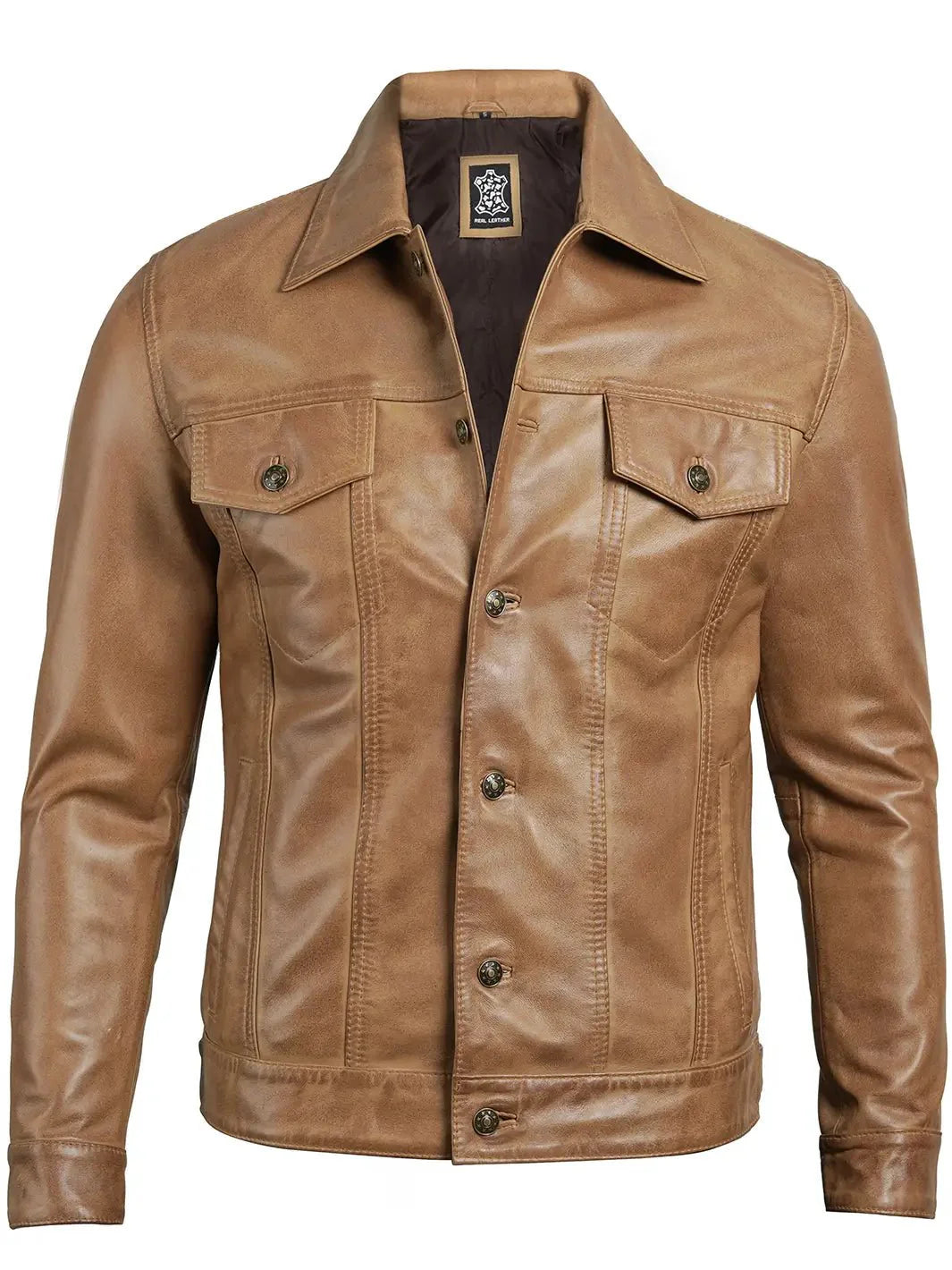 Men's Camel Brown Leather Trucker Jacket - Rare Leather