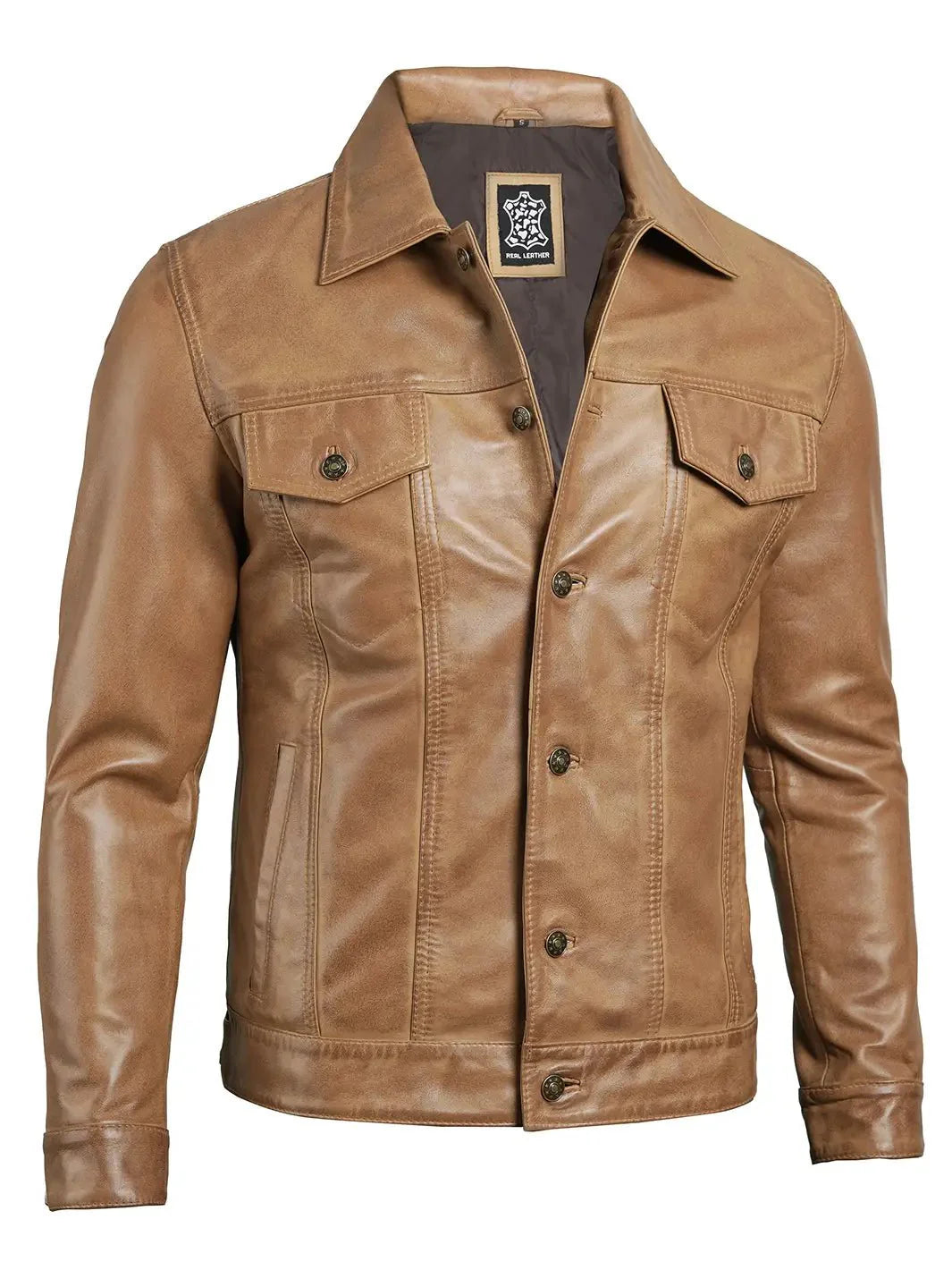Men's Camel Brown Leather Trucker Jacket - Rare Leather