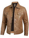 Men's Camel Brown Leather Trucker Jacket - Rare Leather