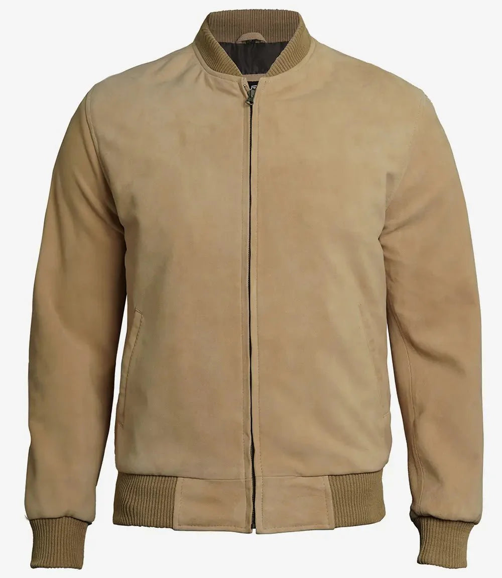 Men's Camel Brown Suede Bomber Jacket - Rare Leather