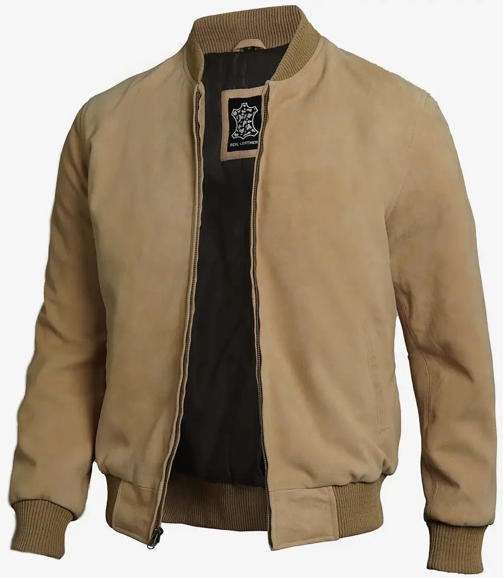 Men's Camel Brown Suede Bomber Jacket - Vox Leather