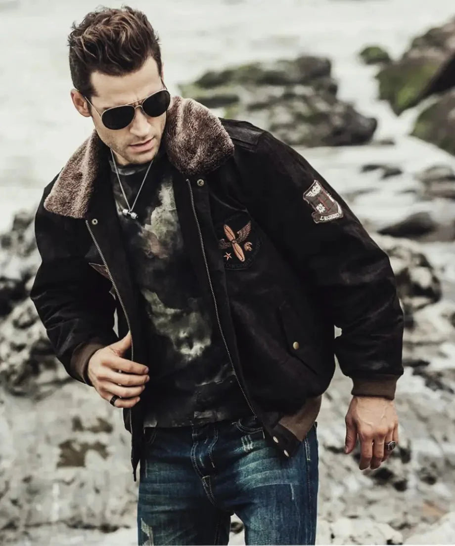 Mens Dark Brown Aviator Bomber Leather Jacket with Fur collar - Rare Leather