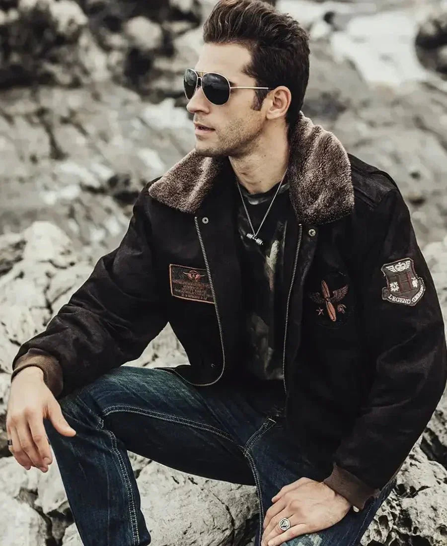 Mens Dark Brown Aviator Bomber Leather Jacket with Fur collar - Rare Leather