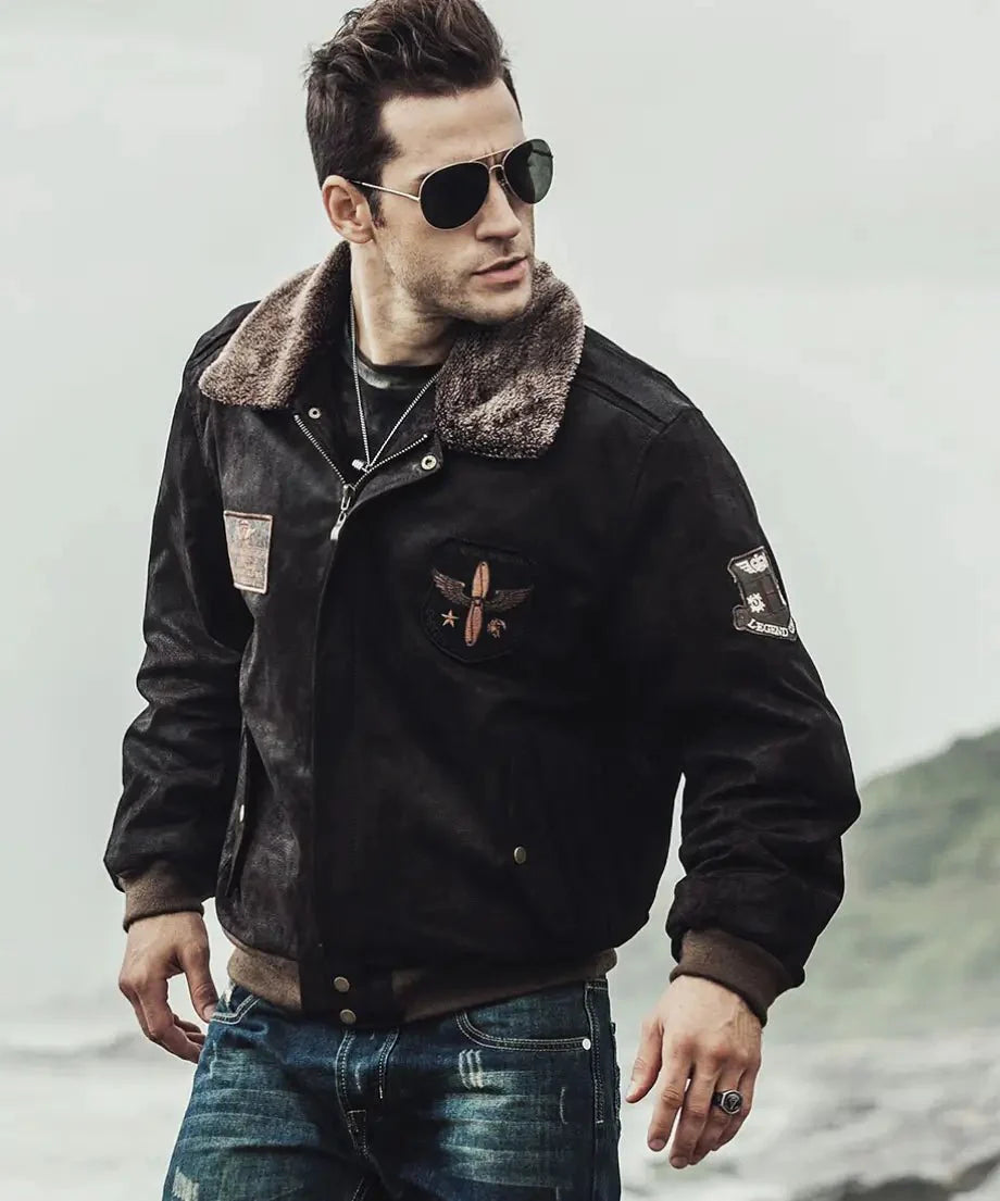 Mens Dark Brown Aviator Bomber Leather Jacket with Fur collar - Rare Leather