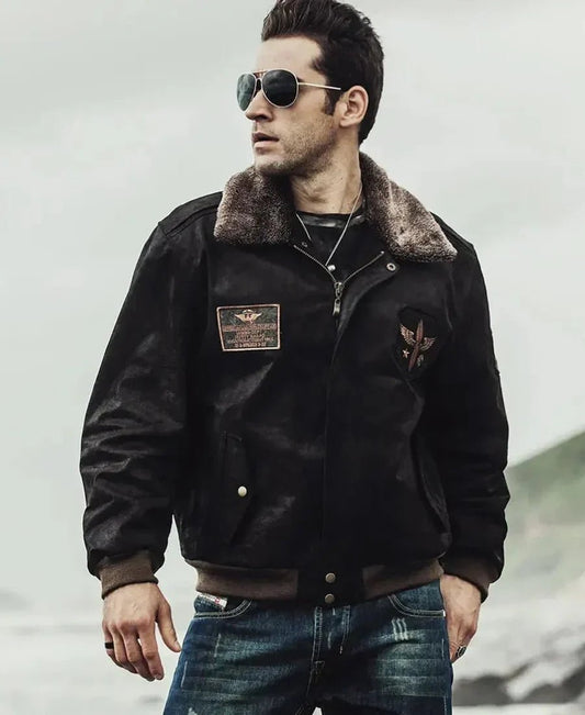 Mens Dark Brown Aviator Bomber Leather Jacket with Fur collar - Vox Leather