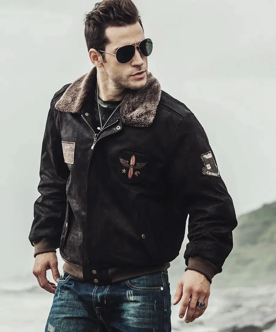 Mens Dark Brown Aviator Bomber Leather Jacket with Fur collar - Vox Leather