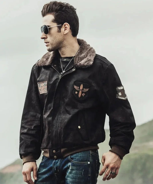 Mens Dark Brown Aviator Bomber Leather Jacket with Fur collar - Vox Leather