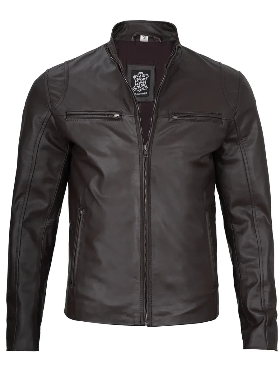 Men's Dark Brown Cafe Racer Leather Jacket - Vox Leather