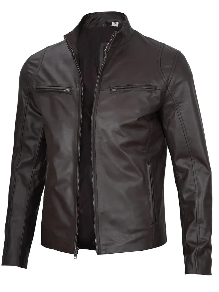Men's Dark Brown Cafe Racer Leather Jacket - Vox Leather